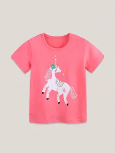 T-Shirt Fille 100% Coton Rose Licorne Été Haut à Manches Courtes Imprimé Animal de Dessin Animé Col Rond Décontracté Enfant