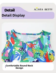 Detailed view of kids sleeveless dress featuring tropical jungle animal prints and a round neck