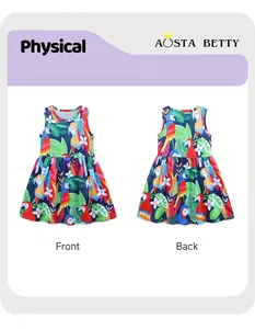 Front and back view of girls' sleeveless floral dress with tropical parrot and palm prints