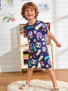 Vêtements de Maison Sportifs pour Garçons Haut Et Short Bleu Marine Polyester Respirant Confortable Pyjama Été Enfants