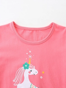 T-shirt rose en coton pour filles avec imprimé licorne et détails de fleurs colorées