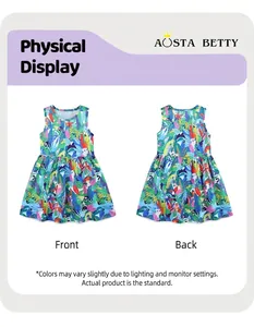 Detail of girls sleeveless cotton dress with vibrant tropical animal print and A-line cut