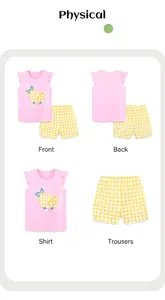 Detail view of girl's pink cotton top with lemon print and yellow checkered shorts