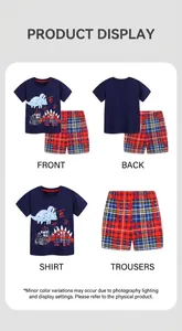Dettagli del set t-shirt blu scuro con dinosauro e pantaloncini a quadri per bambino