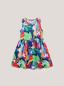 Girls Occident Tropical Parrot Print Short Sleeve Dress Kids Round Neck Summer Princess Floral Dress Comfortable Breathable