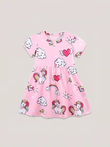 Robe de Princesse de Style Européen pour Filles Rose Dessin Animé Licorne Arc-en-ciel Imprimé Manches Courtes Col Rond