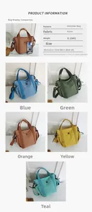 Detailed size chart and multi-color nylon shoulder bags with weight and dimensions