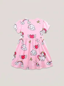 Robe rose à manches courtes pour fille avec imprimés licorne et arc-en-ciel style taille haute