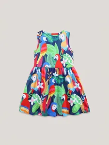 Girls summer sleeveless dress featuring vibrant tropical parrot and floral prints