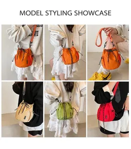Collage of model wearing a nylon drawstring bucket bag in orange, beige, and green