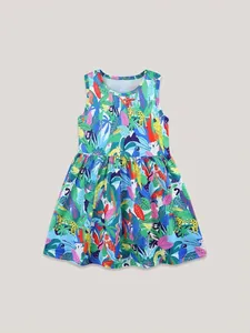 Girls Tropical Jungle Animal Print Sleeveless Dress Summer Casual Kids Round Neck A-Line Pleated Polyester Spandex Dress