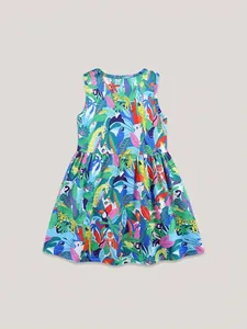 Girls sleeveless summer dress featuring vibrant tropical jungle animal and plant prints