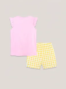 Pink short sleeve ruffled T-shirt and yellow checkered shorts cotton girls summer set