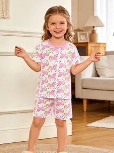 Pyjama Fille Imprimé Licorne Haut Et Short Manches Courtes Vêtements d'Intérieur Souples pour Enfants Tenues d'Été