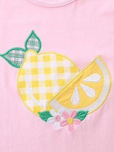 Pink cotton t-shirt with detailed lemon embroidery and floral accents for girls