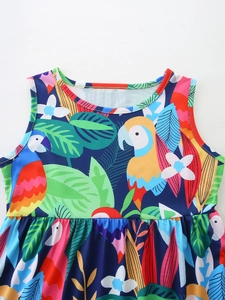 Girls summer round neck dress with vibrant tropical parrot and floral print on navy blue