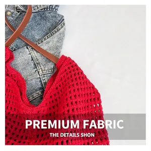 Close-up of red woven cotton shoulder bag with premium brown leather strap details
