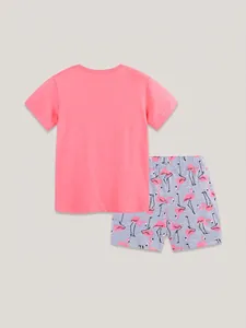 Mädchen Sommer Schlafanzug Set mit Flamingo Druck Kurzarmshirt und grauer kurzer Hose