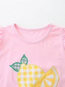 Pink cotton girls' summer short sleeve set featuring embroidered lemon applique details