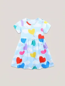 Abito Estivo da Principessa per Bambina con Stampa a Palloncino Nuvola Cuore Manica Corta Azzurro Girocollo Casual