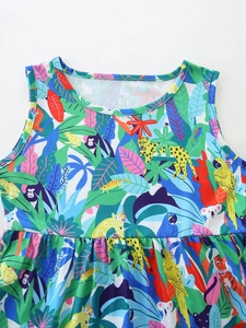 Girls summer sleeveless tropical animal print dress with vibrant jungle wildlife patterns