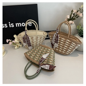 Three colors of handmade woven summer straw handbags with stylish bear print silk scarves