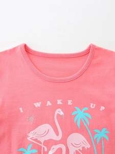Rosa Mädchen T-Shirt aus Baumwolle mit Flamingo- und Palmenprint für den Sommer