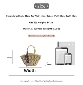 Size guide for handmade straw tote bag with dimensions and capacity comparison chart