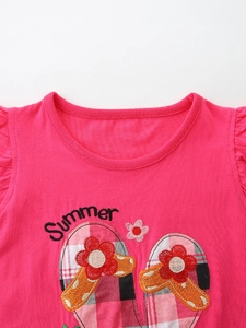Mädchen T-Shirt in Rosarot mit Blumen-Stickerei und modischen Rüschenärmeln