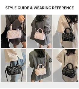 Detailed views of women's quilted bowling bag with studs showing various carrying styles