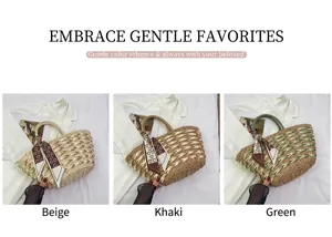 Straw tote bags in cream, khaki, and green with decorative floral silk scarves