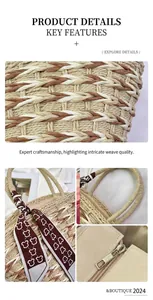 Detailed close-up of handmade straw woven bag with teddy bear scarf and zipper closure