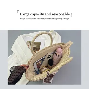 Spacious beige woven tote bag interior showing large capacity for tablet and daily items