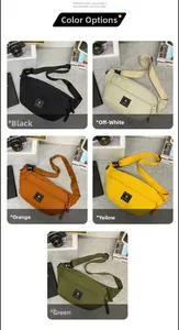 Detail showing five casual nylon waist bags in black, cream, orange, yellow, and green
