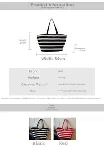 Detailed size specifications for woven beach tote bag featuring dimensions 54x28x20 cm