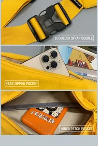 Detail view of yellow nylon chest bag with plastic buckle, back pocket, and grey lining