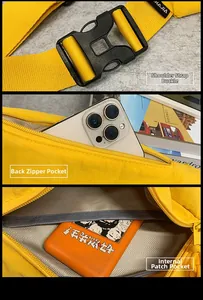 Detail view of yellow nylon chest bag with plastic buckle, back pocket, and grey lining