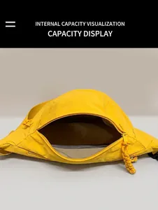 Detail view showing internal capacity of the yellow sports waist bag with zipper open