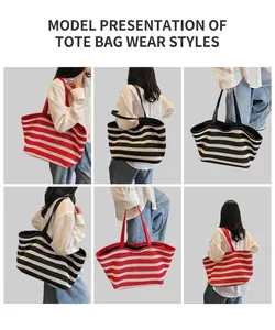 Detailed views of striped large capacity tote bag shown on a model in various angles