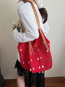 Red knit crochet shoulder tote bag with colorful sequins and brown leather straps