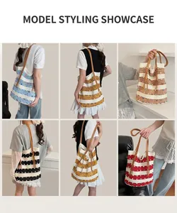 Détail du sac fourre-tout au crochet à rayures avec perles colorées et bandoulière en cuir