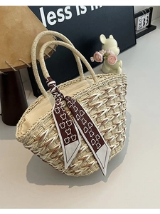 Fashion Handwoven Straw Tote Bag For Women Large Capacity Beach Vacation Handbag With Bear Print Scarf Decoration Summer Pastoral Style Handbag