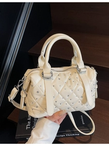 Elegant Quilted Rhombic Shoulder Bag Women Rhinestone Decor PU Leather Top Handle Crossbody Boston Bag Fashion Handbag