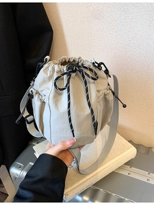 Women Japanese Fashion Canvas Drawstring Bucket Bag Casual Portable Shoulder Crossbody Mobile Phone Bag With Side Mesh Pocket