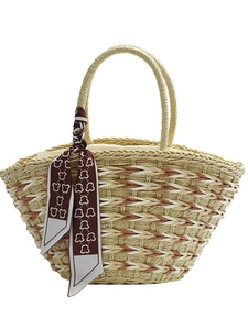 Fashionable woven straw tote bag with beige-red texture and decorative bear print scarf