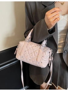 Pink quilted bucket bag with rhinestones, stylish crossbody handbag for women