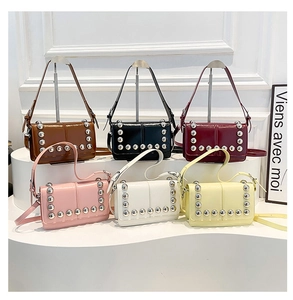 Detailed collection of shiny rivet crossbody bags in brown black burgundy pink and white colors