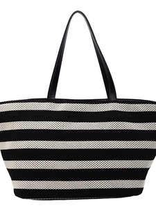 Large capacity black and white striped knitted tote bag with leather shoulder straps