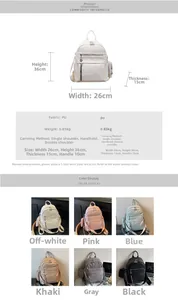 Detailed size chart and multi-color product display for this stylish PU leather backpack