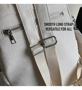 Detail view of adjustable shoulder straps and back anti-theft zipper on white backpack